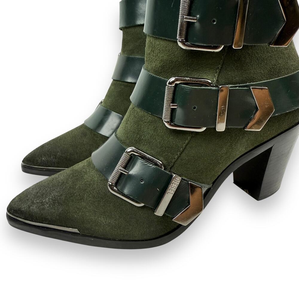 DIESEL green suede strapped buckle heeled pointed toe boots - Picture 3 of 16